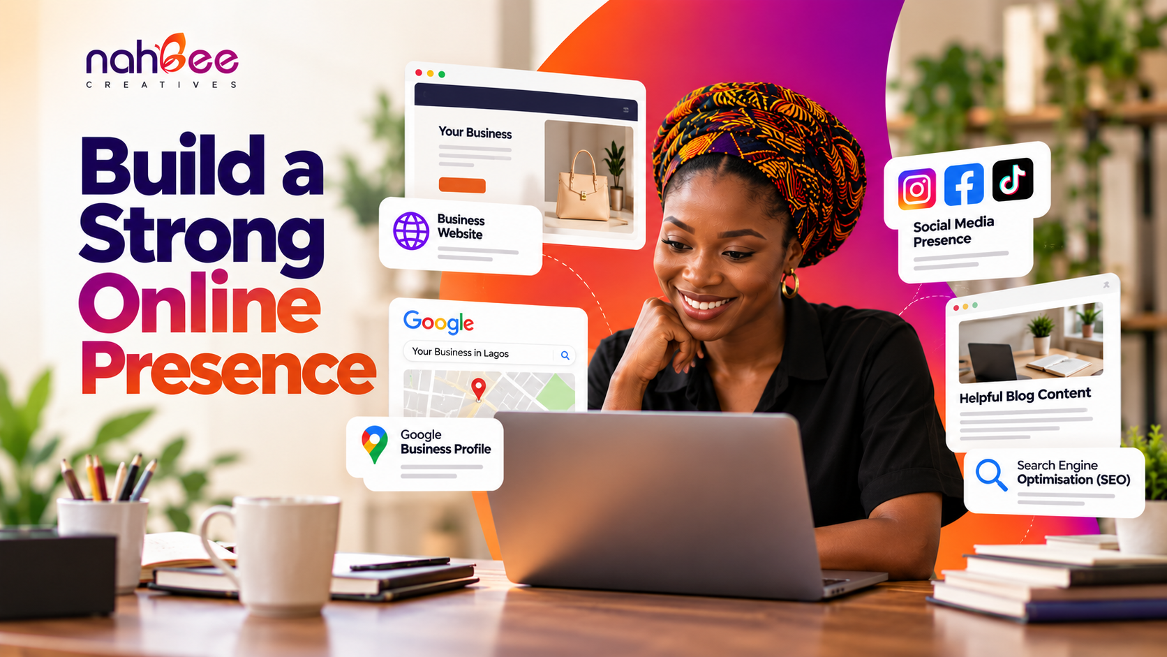 Nigerian entrepreneur building a strong online presence for her business.